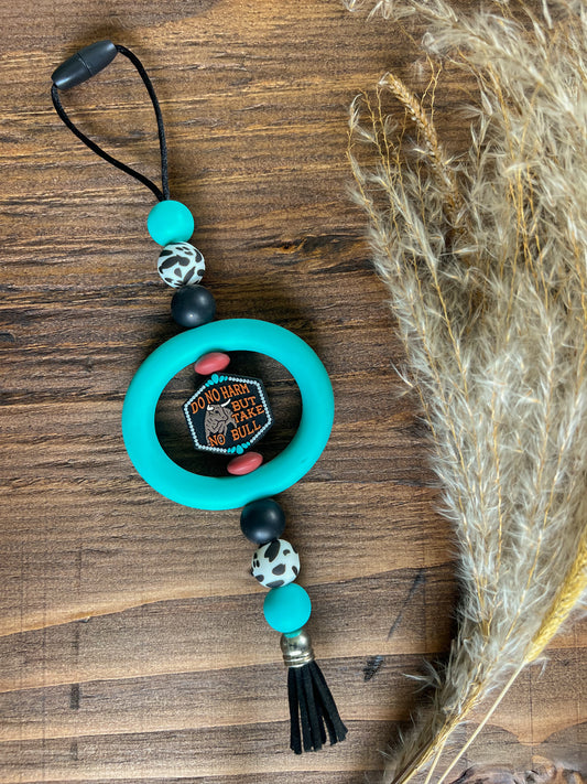 Turquoise & Cowprint Bull Car Charm